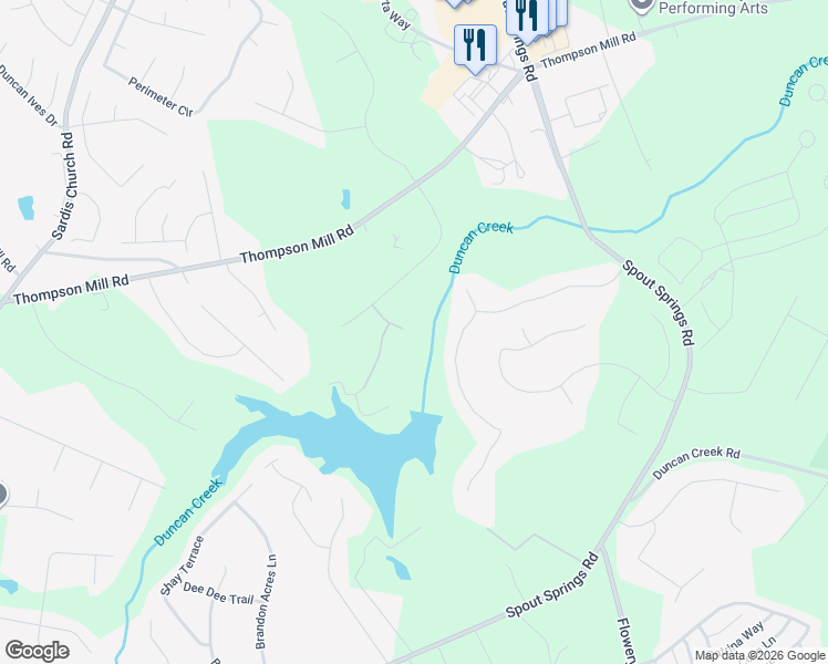 map of restaurants, bars, coffee shops, grocery stores, and more near 2702 Duncans View Trce Northeast in Buford