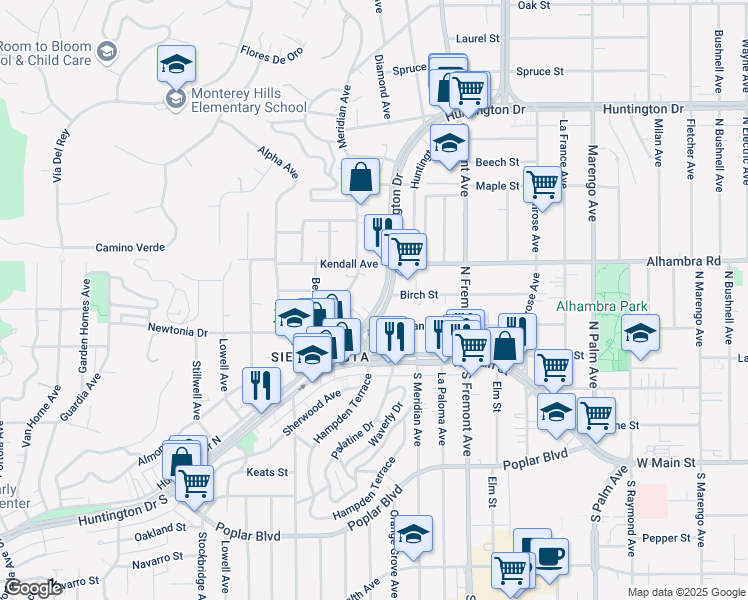 map of restaurants, bars, coffee shops, grocery stores, and more near 5723 Huntington Drive in Los Angeles