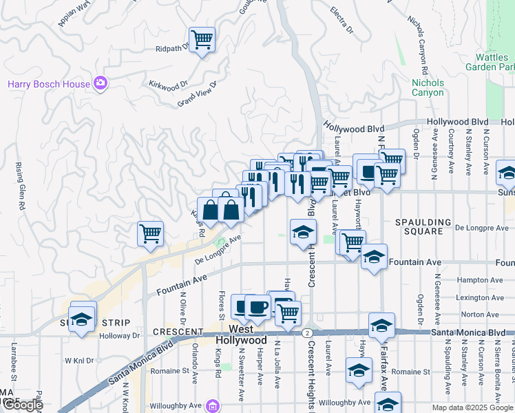 map of restaurants, bars, coffee shops, grocery stores, and more near 8260 Marmont Lane in Los Angeles