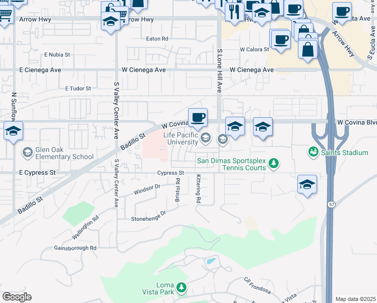 map of restaurants, bars, coffee shops, grocery stores, and more near in San Dimas