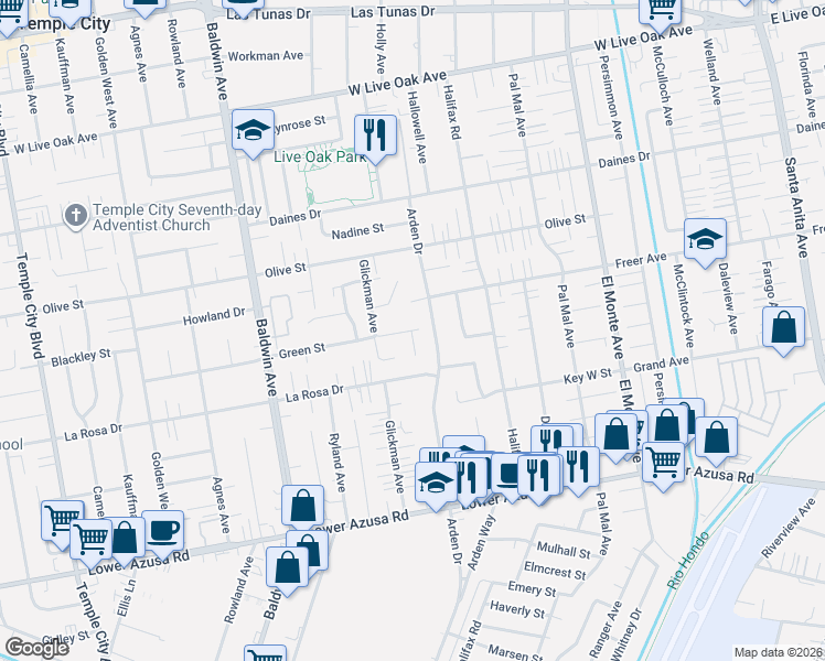 map of restaurants, bars, coffee shops, grocery stores, and more near 10233 Green Street in Temple City