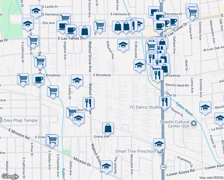 map of restaurants, bars, coffee shops, grocery stores, and more near 5419 Bartlett Avenue in San Gabriel