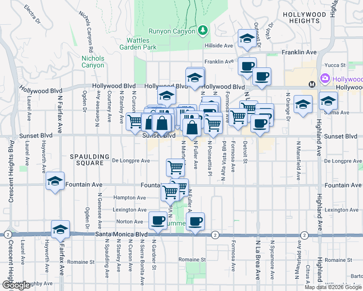 map of restaurants, bars, coffee shops, grocery stores, and more near 834 2/5 North Martel Avenue in Los Angeles