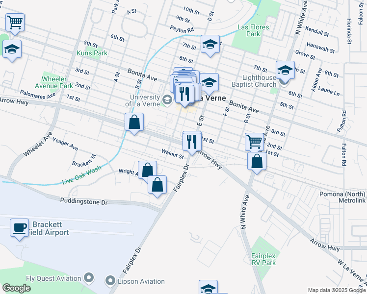 map of restaurants, bars, coffee shops, grocery stores, and more near in La Verne