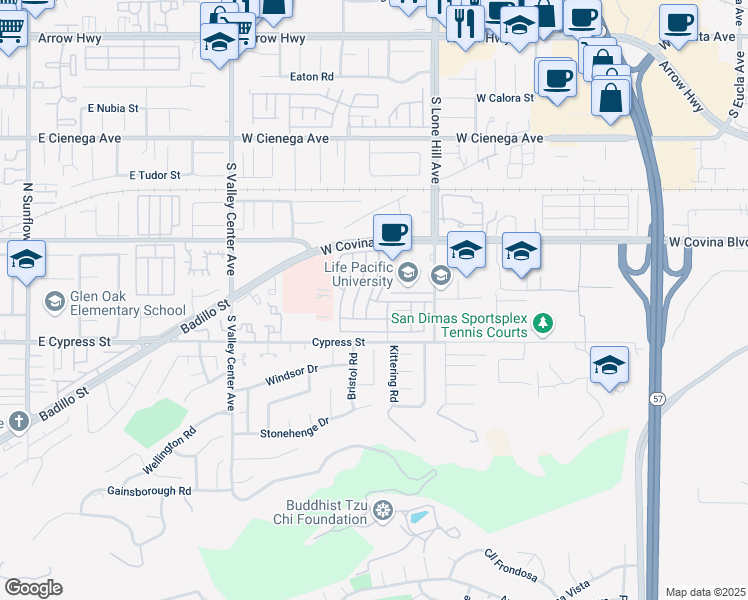 map of restaurants, bars, coffee shops, grocery stores, and more near 1130 West Covina Boulevard in San Dimas