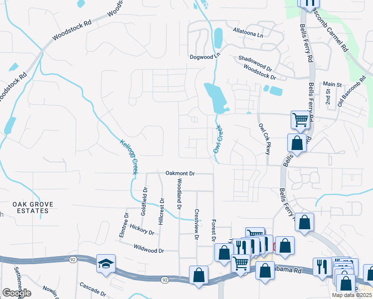 map of restaurants, bars, coffee shops, grocery stores, and more near 213 Sunshine Street in Acworth