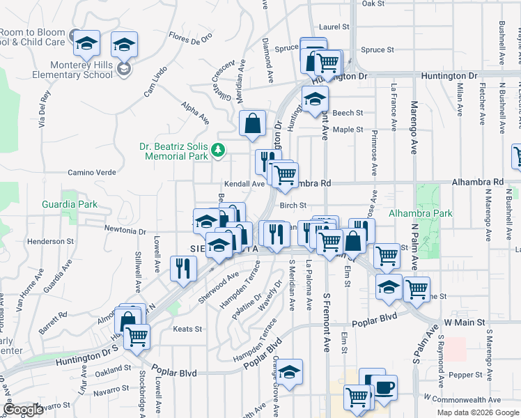 map of restaurants, bars, coffee shops, grocery stores, and more near 5723 Huntington Drive North in Los Angeles