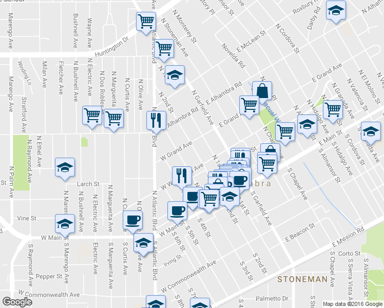 map of restaurants, bars, coffee shops, grocery stores, and more near in Alhambra