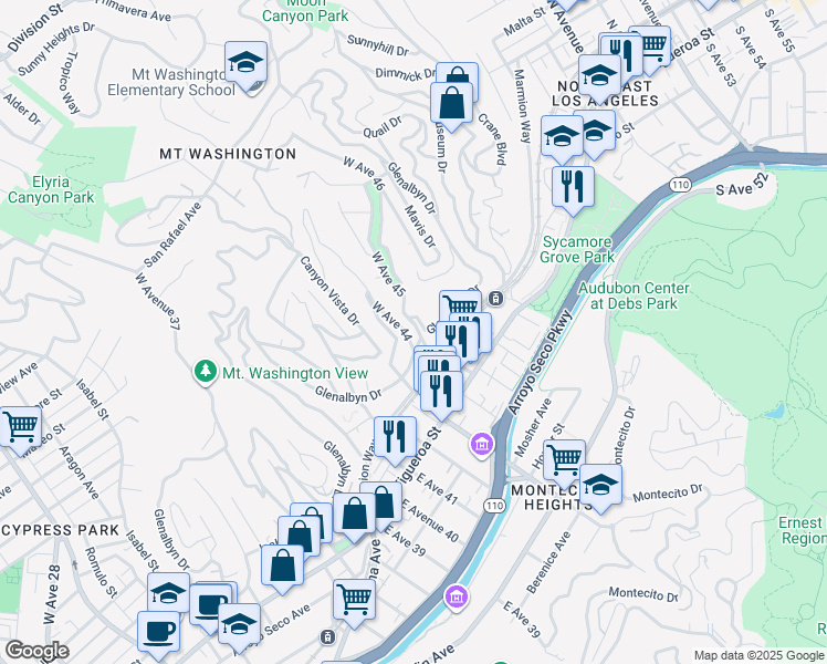 map of restaurants, bars, coffee shops, grocery stores, and more near 4531 Glenalbyn Drive in Los Angeles
