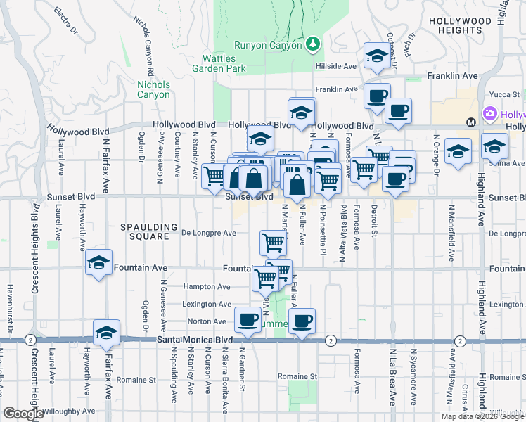 map of restaurants, bars, coffee shops, grocery stores, and more near 1447 North Vista Street in Los Angeles