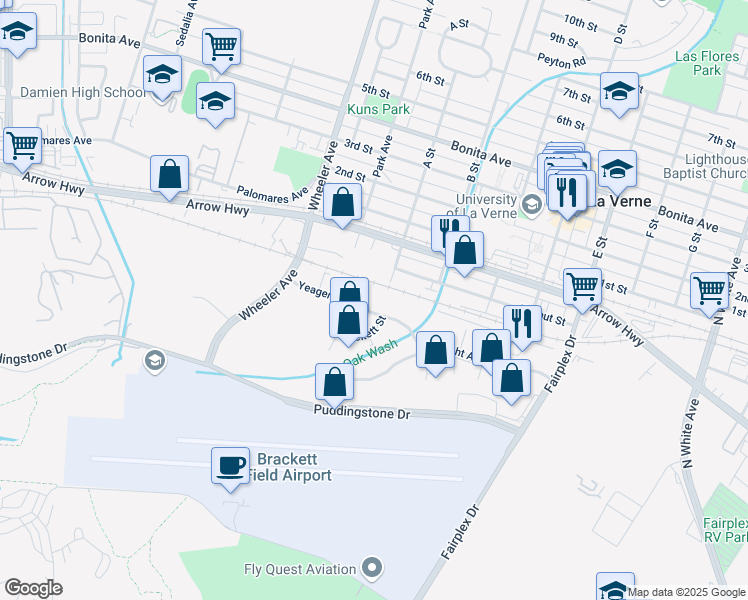map of restaurants, bars, coffee shops, grocery stores, and more near 1751 Yeager Avenue in La Verne