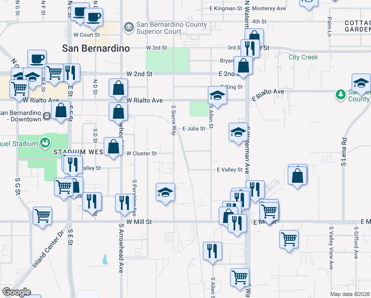 map of restaurants, bars, coffee shops, grocery stores, and more near 158 East Cluster Street in San Bernardino