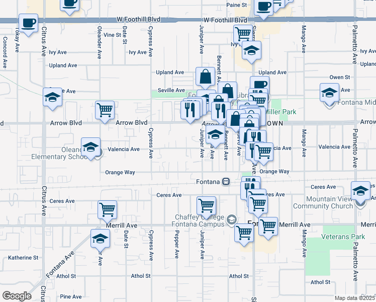map of restaurants, bars, coffee shops, grocery stores, and more near 16645 Valencia Avenue in Fontana
