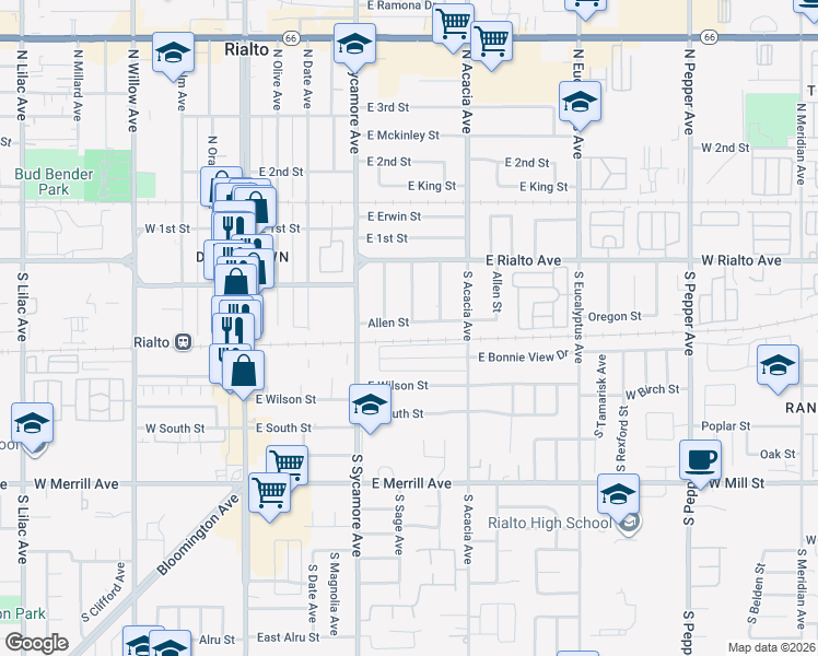 map of restaurants, bars, coffee shops, grocery stores, and more near 361 Allen Street in Rialto