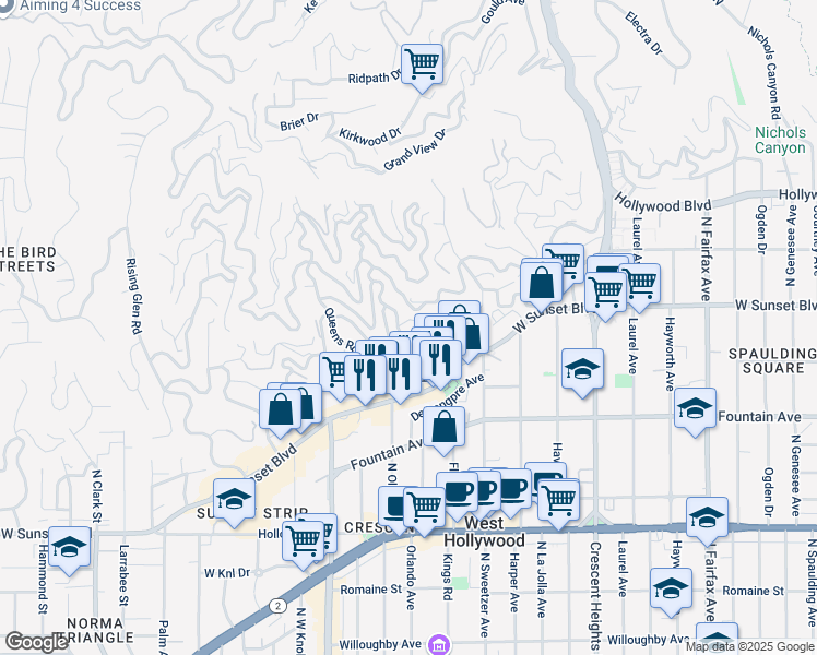 map of restaurants, bars, coffee shops, grocery stores, and more near 1472 Kings Road in Los Angeles