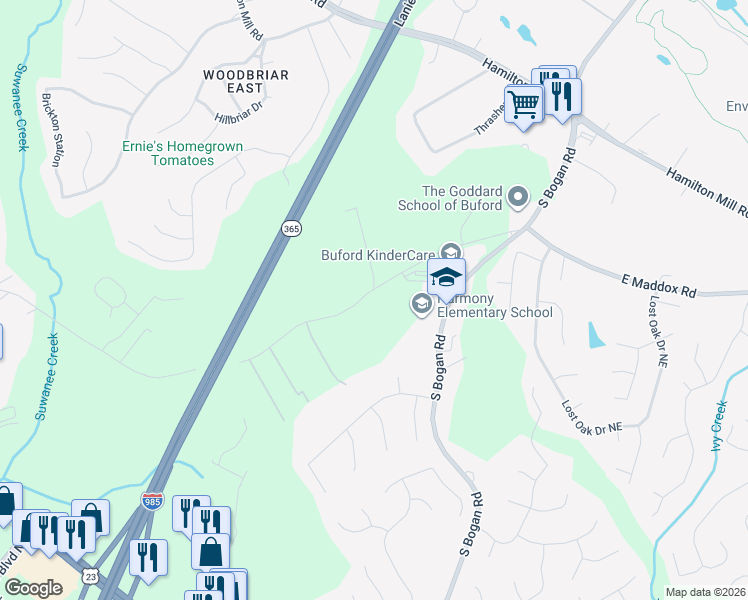 map of restaurants, bars, coffee shops, grocery stores, and more near 2325 East Maddox Road in Buford