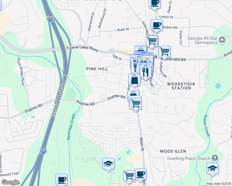 map of restaurants, bars, coffee shops, grocery stores, and more near 130 Woodberry Court in Woodstock