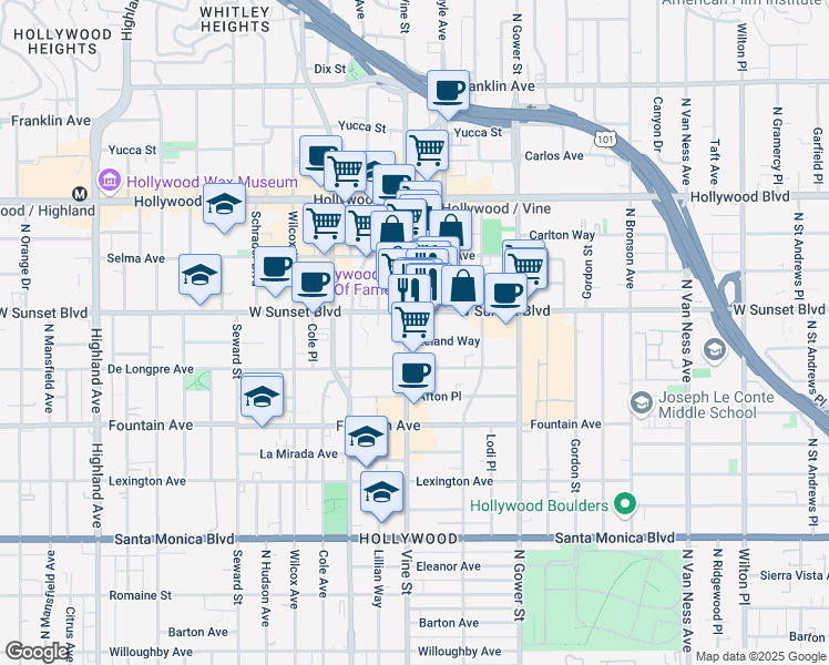 map of restaurants, bars, coffee shops, grocery stores, and more near 1460 Vine Street in Los Angeles