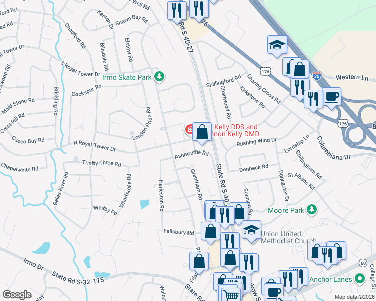 map of restaurants, bars, coffee shops, grocery stores, and more near 107 North Royal Tower Drive in Irmo