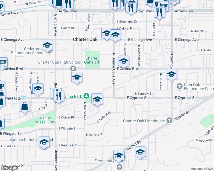 map of restaurants, bars, coffee shops, grocery stores, and more near 1645 East Brookport Street in Covina