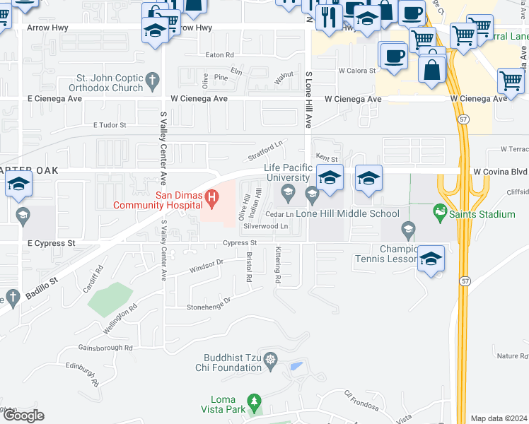 map of restaurants, bars, coffee shops, grocery stores, and more near 1205 Cypress Street in San Dimas