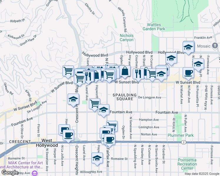 map of restaurants, bars, coffee shops, grocery stores, and more near 1440 North Fairfax Avenue in West Hollywood