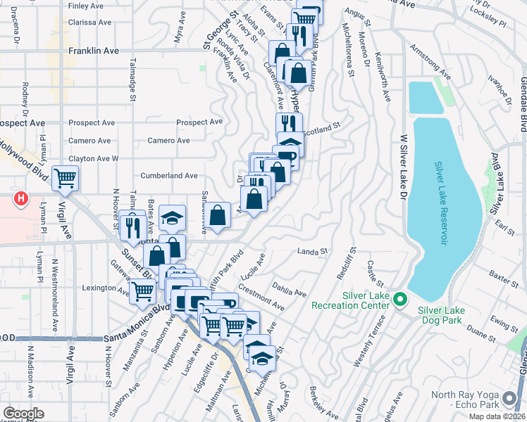 map of restaurants, bars, coffee shops, grocery stores, and more near 1937 Hyperion Avenue in Los Angeles