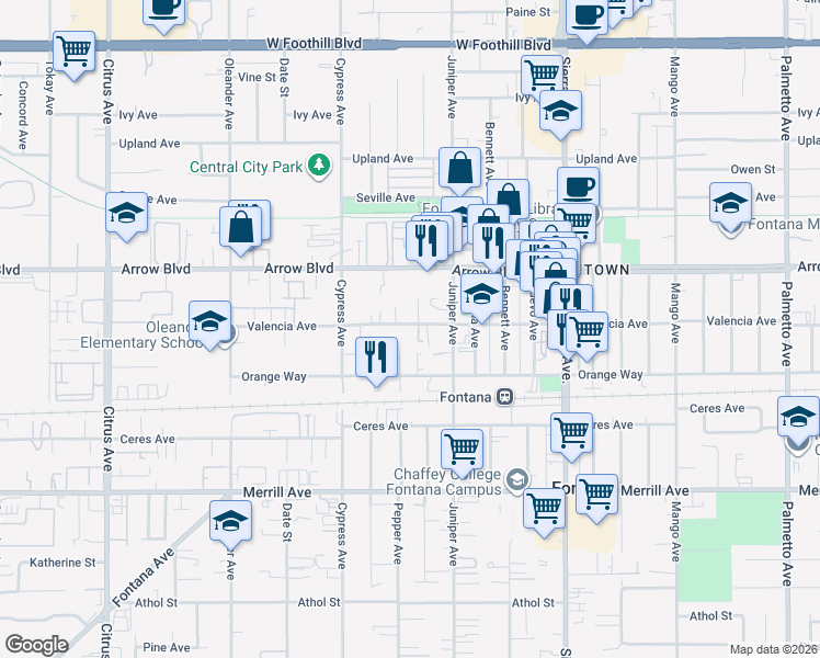 map of restaurants, bars, coffee shops, grocery stores, and more near Valencia Avenue in Fontana