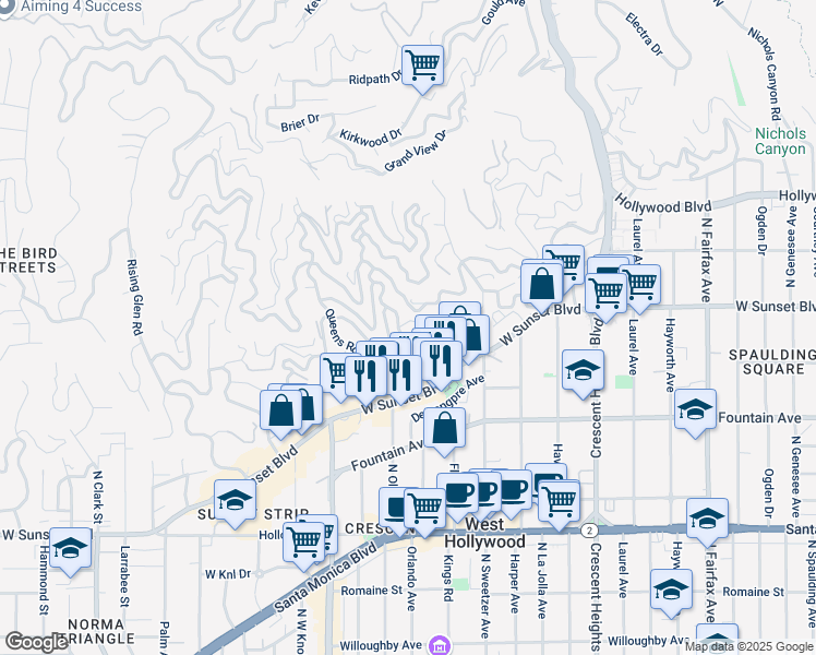 map of restaurants, bars, coffee shops, grocery stores, and more near 1472 Kings Road in Los Angeles