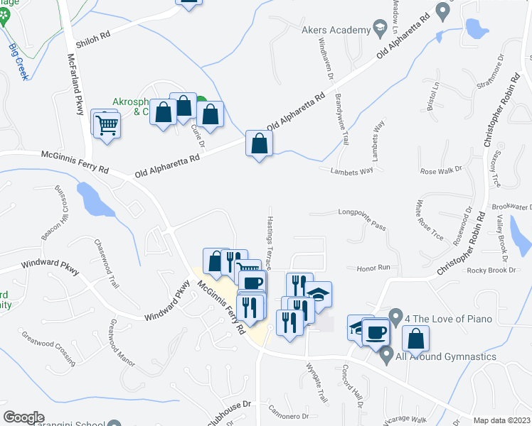 map of restaurants, bars, coffee shops, grocery stores, and more near 4740 Hastings Terrace in Alpharetta