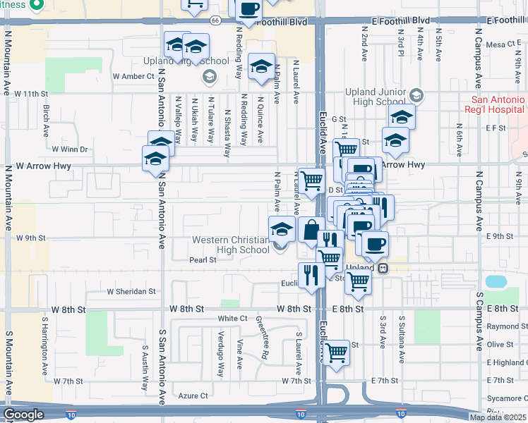 map of restaurants, bars, coffee shops, grocery stores, and more near 262 North Garnet Way in Upland