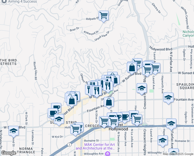 map of restaurants, bars, coffee shops, grocery stores, and more near 1467 Kings Road in Los Angeles