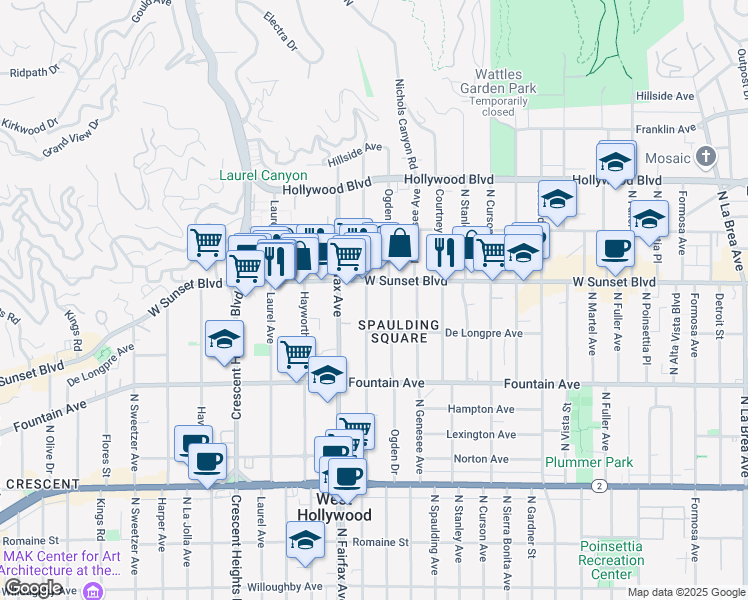 map of restaurants, bars, coffee shops, grocery stores, and more near 1438 North Orange Grove Avenue in West Hollywood