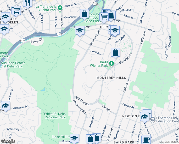 map of restaurants, bars, coffee shops, grocery stores, and more near 4260 Vía Arbolada in Los Angeles