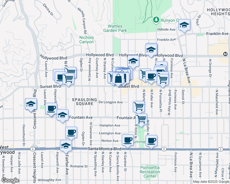 map of restaurants, bars, coffee shops, grocery stores, and more near 7584 West Skye Way in Los Angeles
