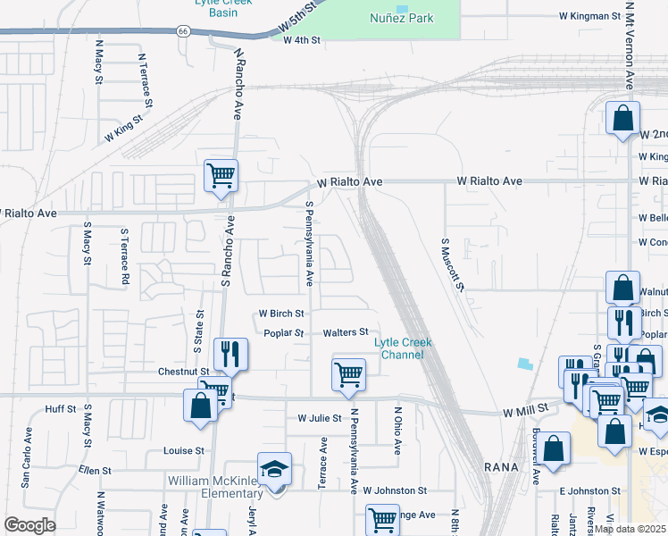 map of restaurants, bars, coffee shops, grocery stores, and more near 201 S. San bernardino st in San Bernardino