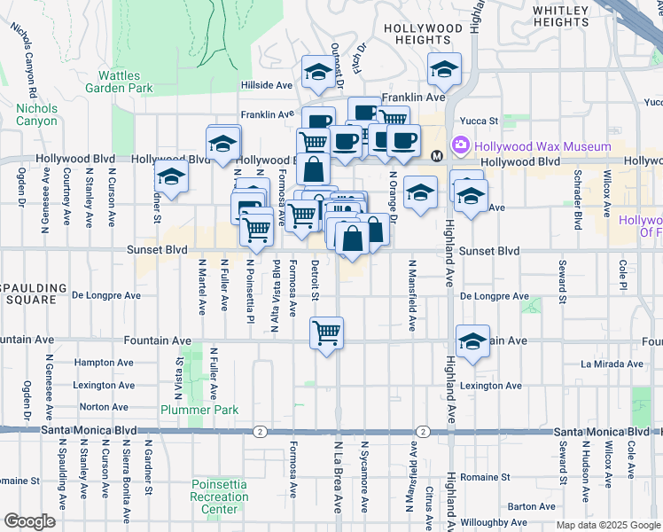 map of restaurants, bars, coffee shops, grocery stores, and more near 707 Sunset Boulevard in Los Angeles