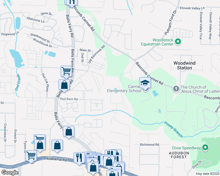map of restaurants, bars, coffee shops, grocery stores, and more near 175 Linton Drive in Acworth