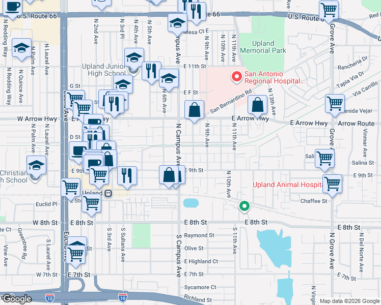 map of restaurants, bars, coffee shops, grocery stores, and more near 313 North 8th Avenue in Upland