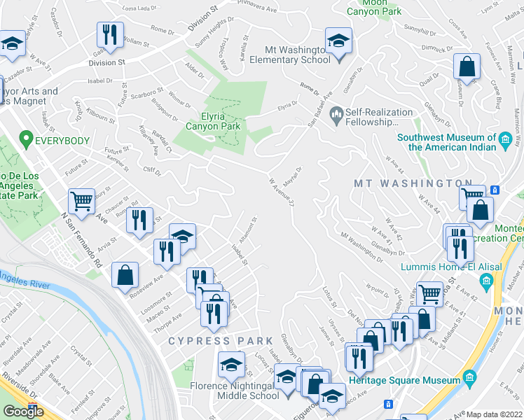 map of restaurants, bars, coffee shops, grocery stores, and more near 3652 Altamont Street in Los Angeles