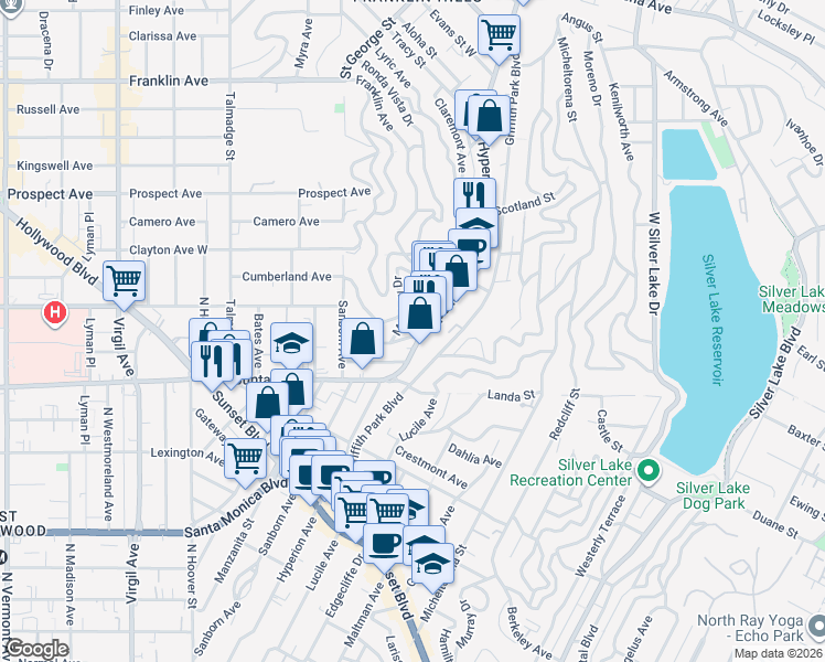 map of restaurants, bars, coffee shops, grocery stores, and more near 3807 Sunset Drive in Los Angeles