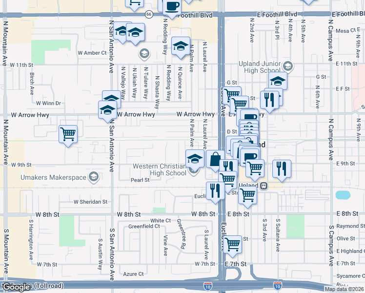 map of restaurants, bars, coffee shops, grocery stores, and more near 262 North Garnet Way in Upland