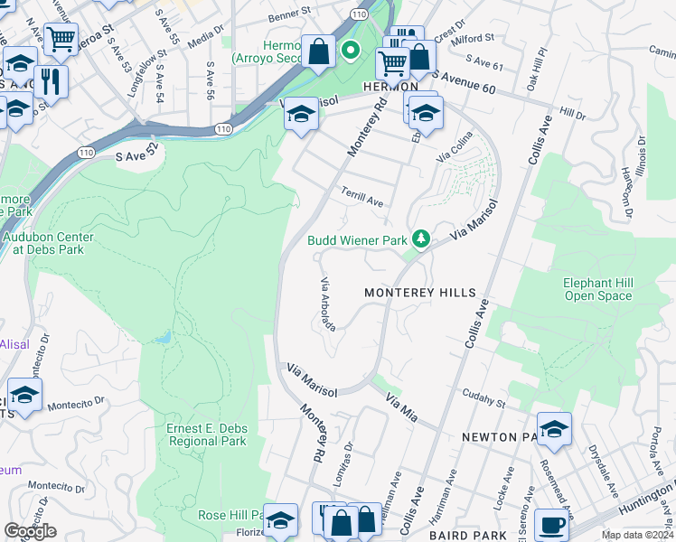 map of restaurants, bars, coffee shops, grocery stores, and more near 4260 Vía Arbolada in Los Angeles