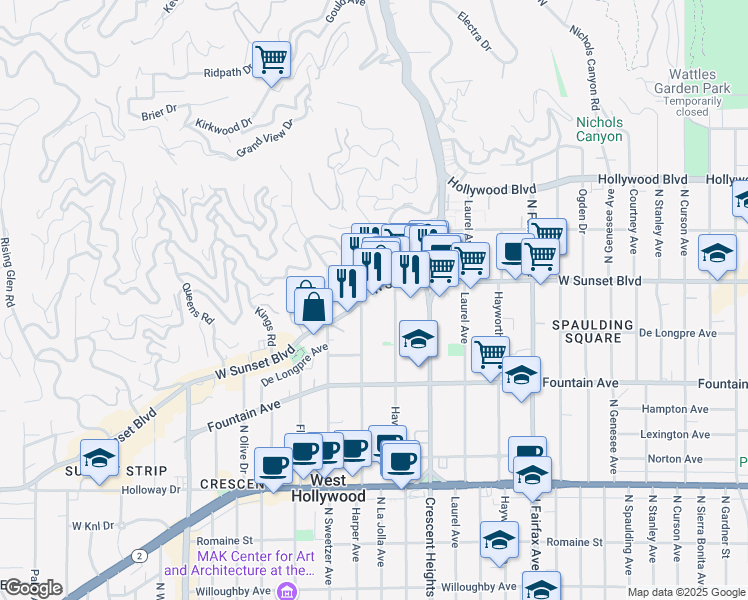 map of restaurants, bars, coffee shops, grocery stores, and more near 8161 Sunset Boulevard in Los Angeles