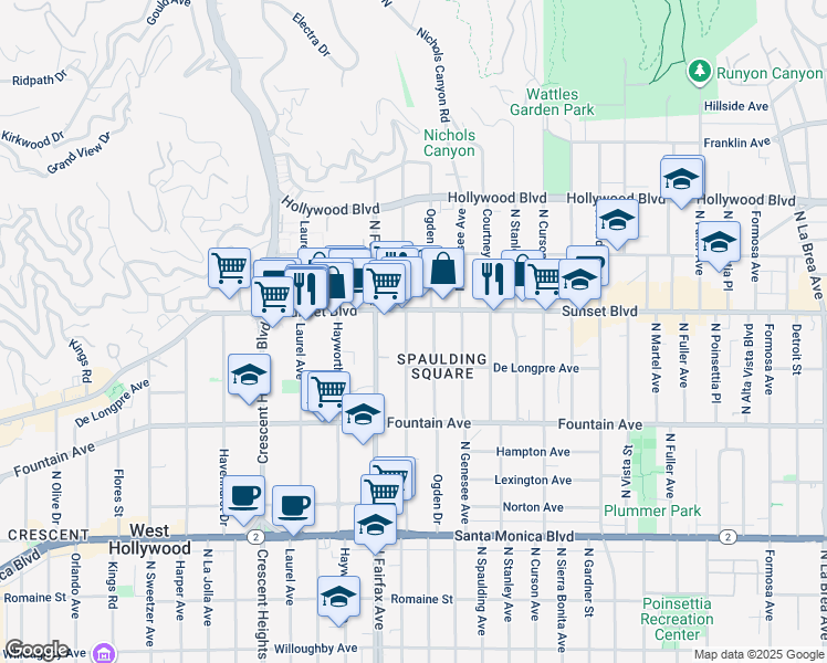 map of restaurants, bars, coffee shops, grocery stores, and more near 1438 North Orange Grove Avenue in West Hollywood