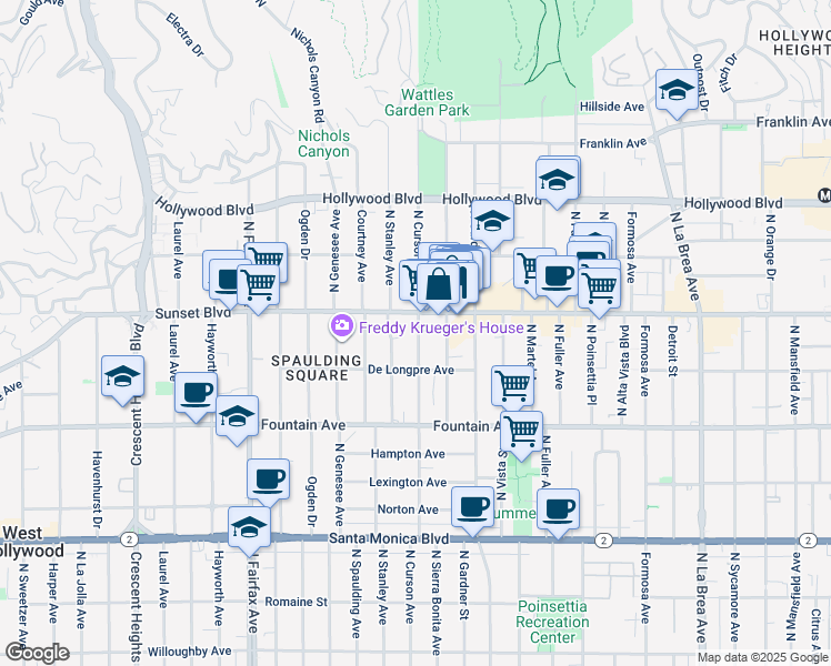 map of restaurants, bars, coffee shops, grocery stores, and more near 1439 North Curson Avenue in Los Angeles