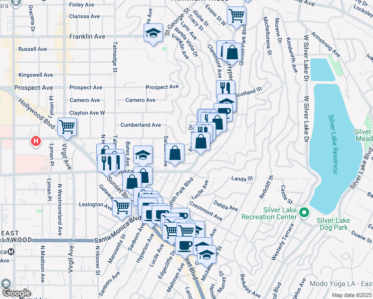 map of restaurants, bars, coffee shops, grocery stores, and more near 3826 Sunset Drive in Los Angeles