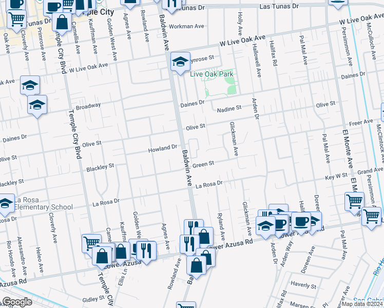 map of restaurants, bars, coffee shops, grocery stores, and more near 5227 Village Circle Drive in Temple City