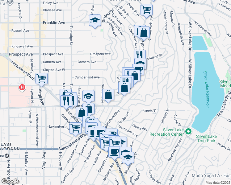 map of restaurants, bars, coffee shops, grocery stores, and more near 3826 Sunset Drive in Los Angeles