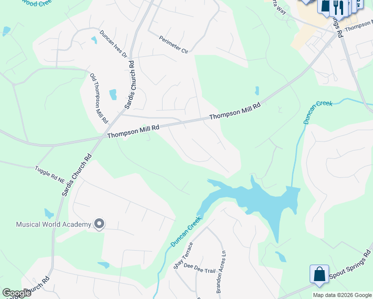 map of restaurants, bars, coffee shops, grocery stores, and more near 2530 Weber Heights Way in Buford